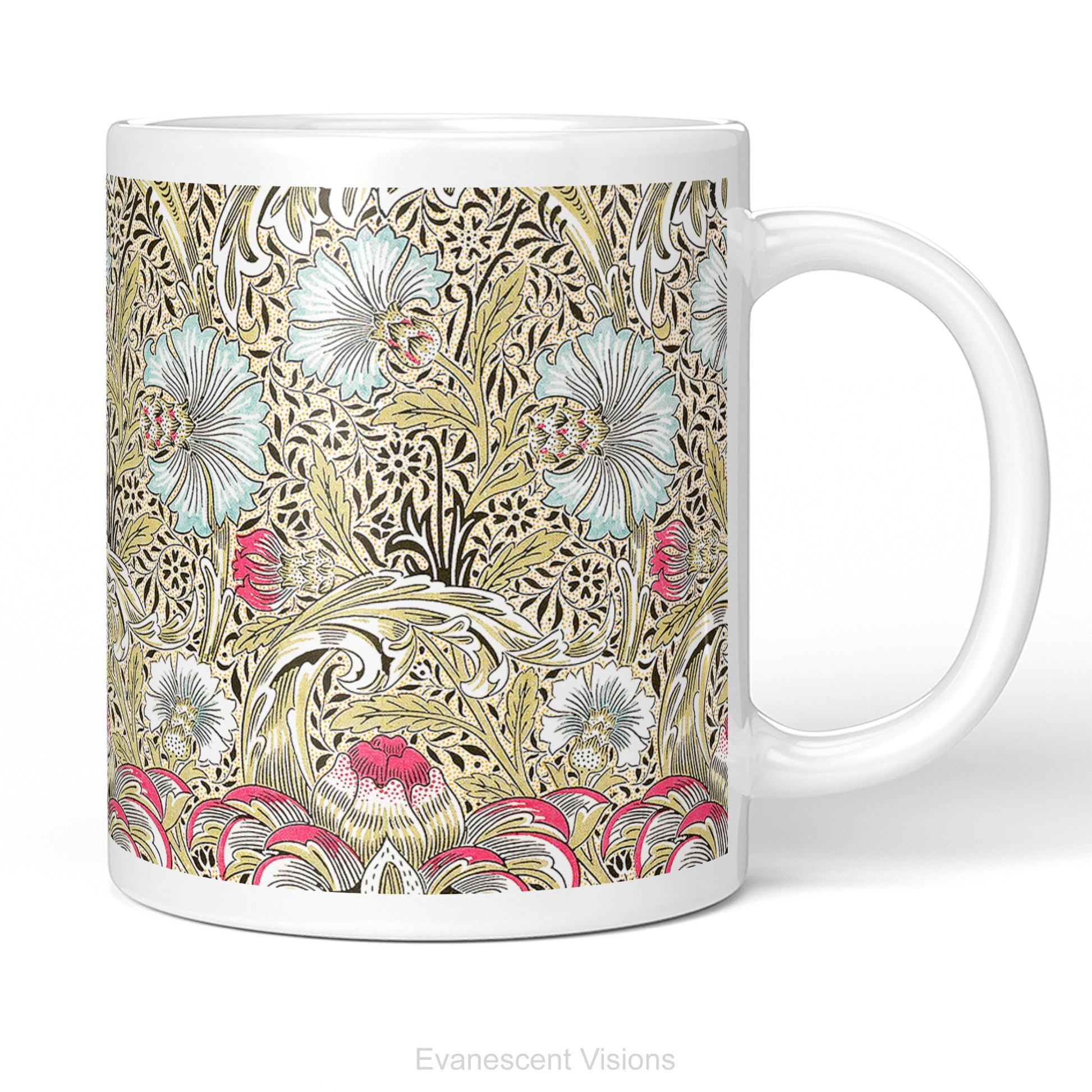 A white ceramic mug featuring the intricate floral design titled 'Corncockle' by William Morris on a clean white background. 