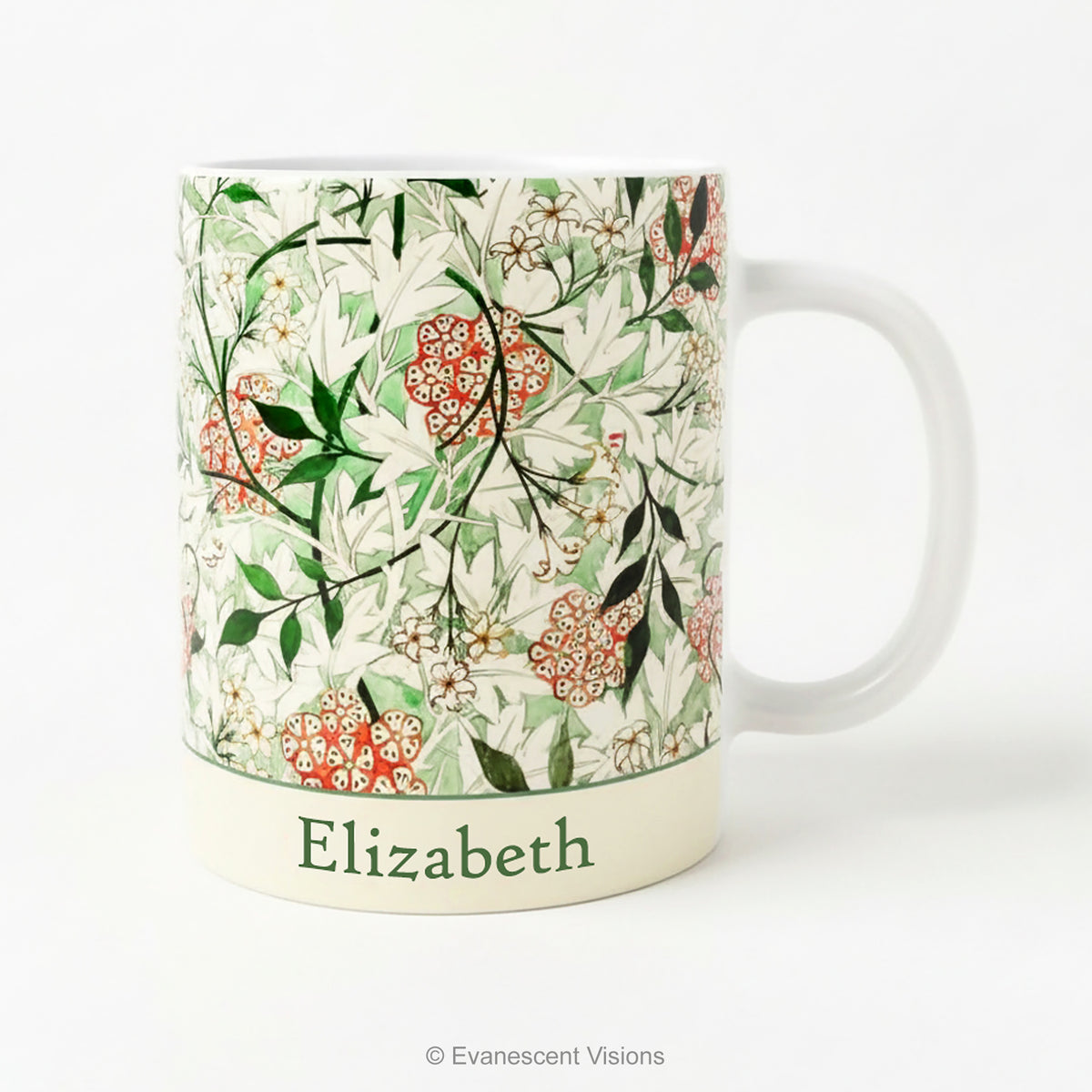A personalised name ceramic mug featuring a botanical design 'Jasmin' by William Morris.