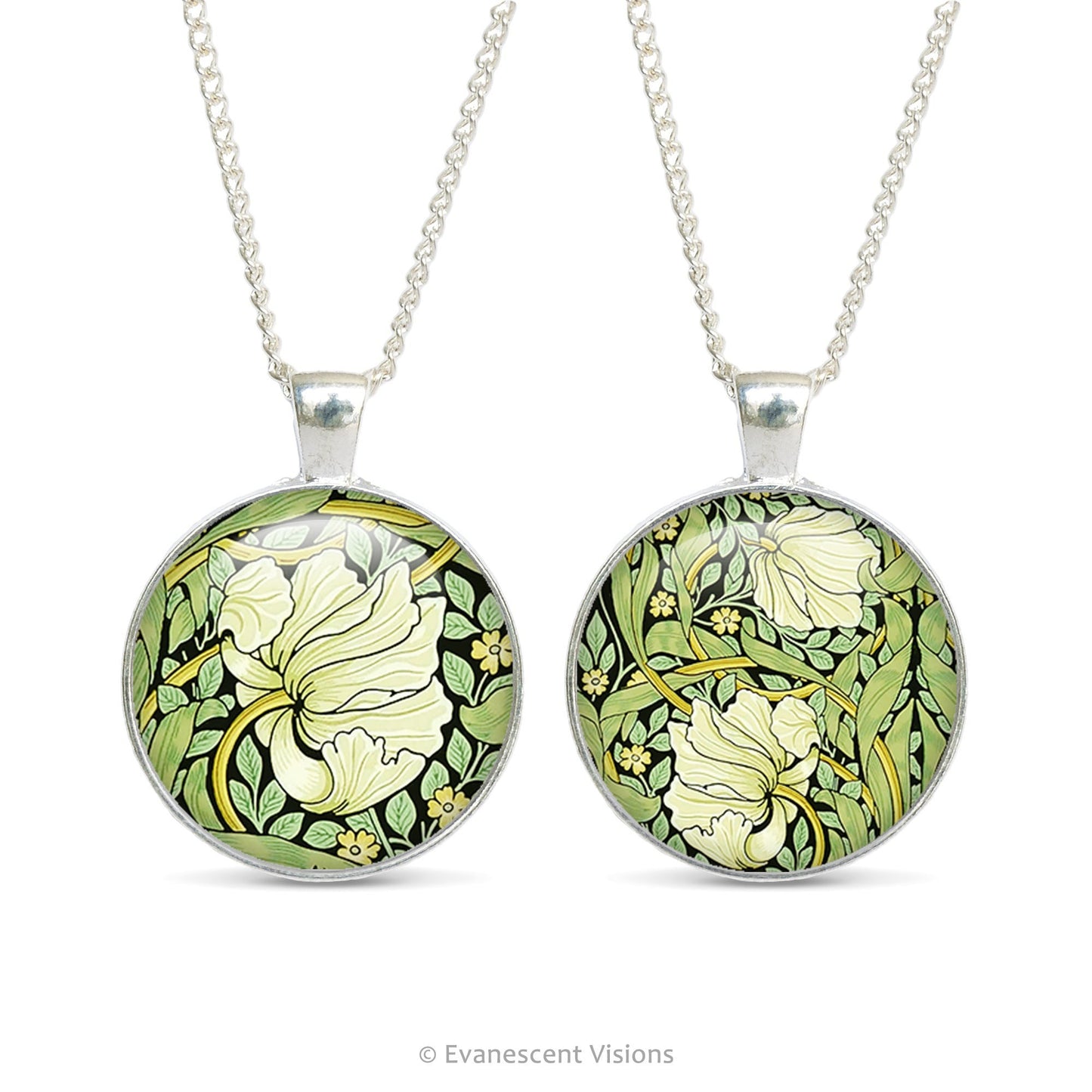 Front and back sides of the William Morris Pimpernel design double sided glass cabochon pendant necklace
