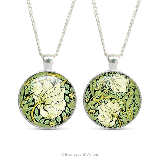 Front and back sides of the William Morris Pimpernel design double sided glass cabochon pendant necklace