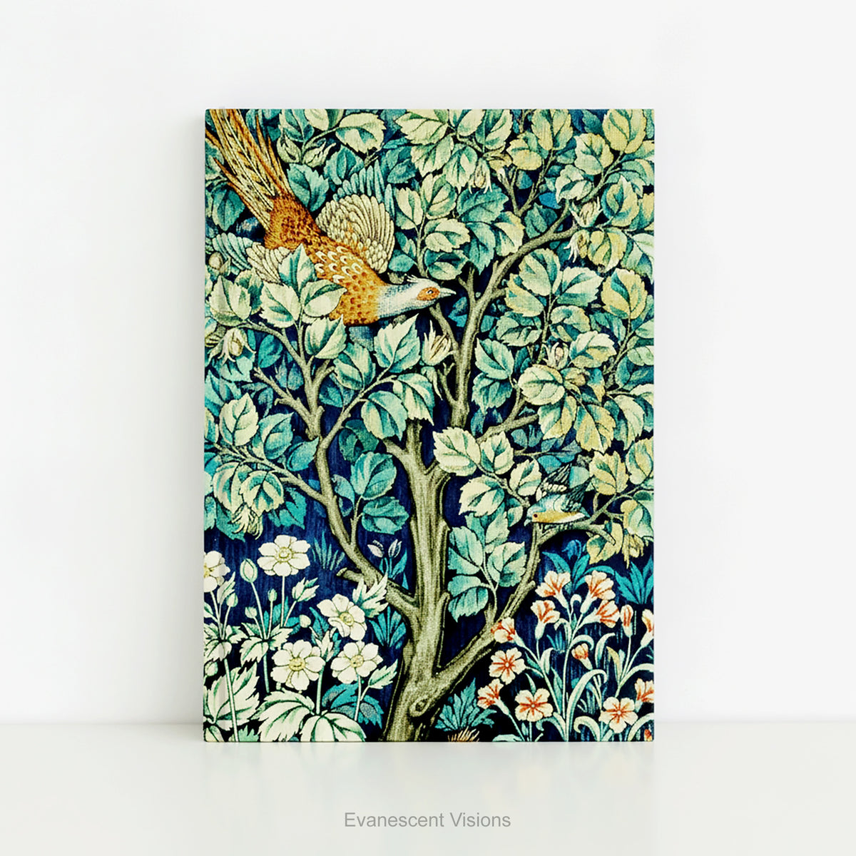 A hardback notebook featuring green Victorian textile design 'Cock Pheasant' by William Morris, shown standing against a white wall.