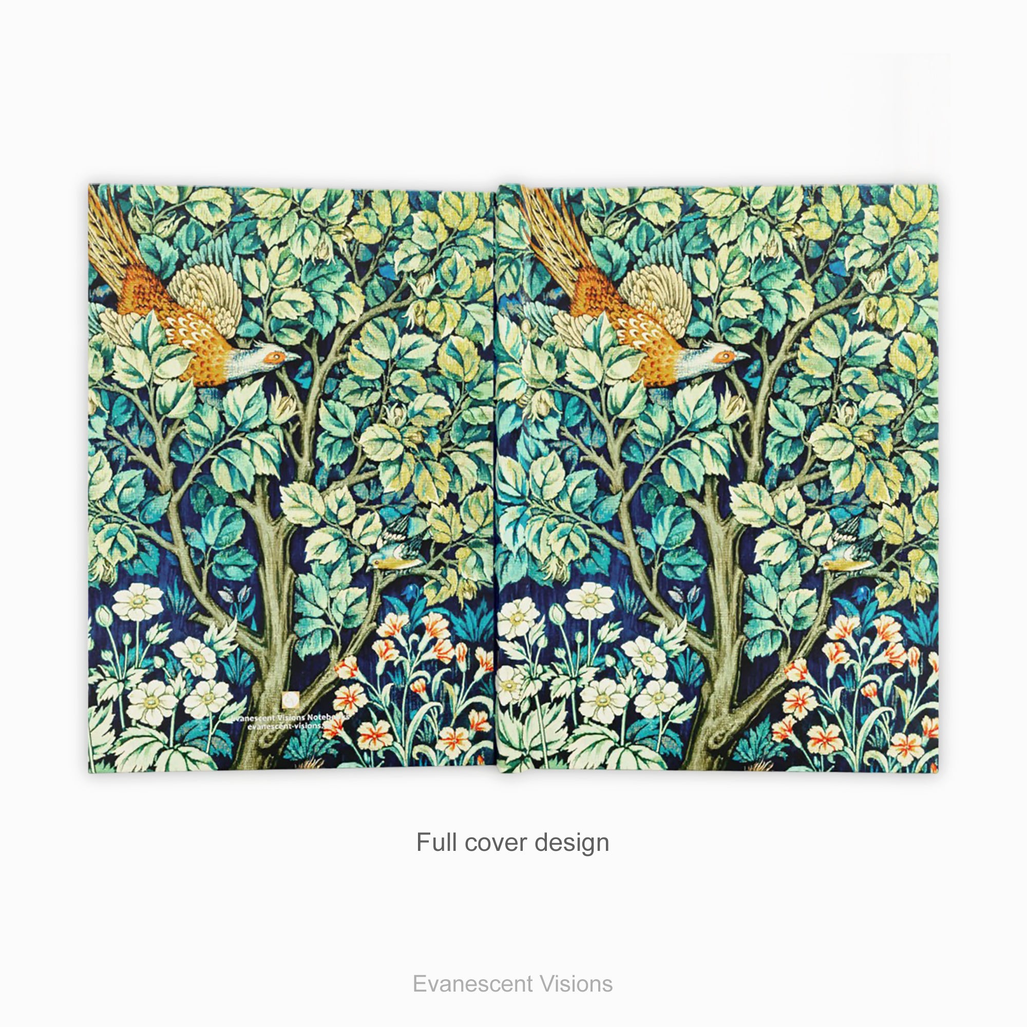 A full cover design preview of the front and back of a hardback notebook featuring textile design 'Cock Pheasant' by William Morris,  shown on a light gray background. 