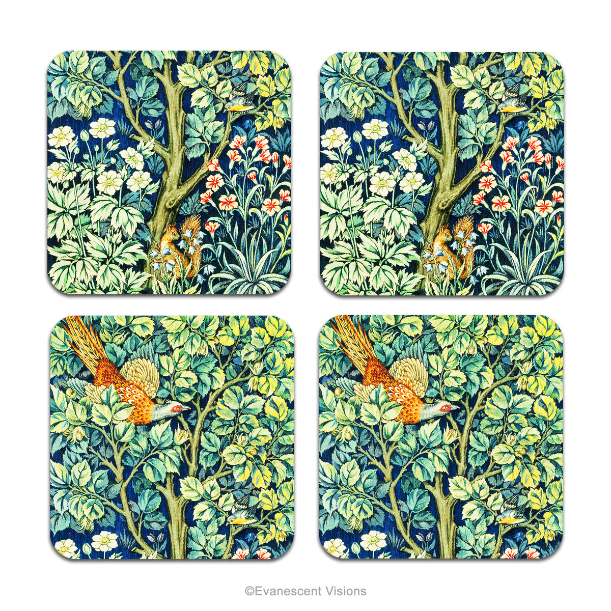 Set of four coasters printed with detail from the design  'Cock Pheasant' by William Morris, shown on a white background. 