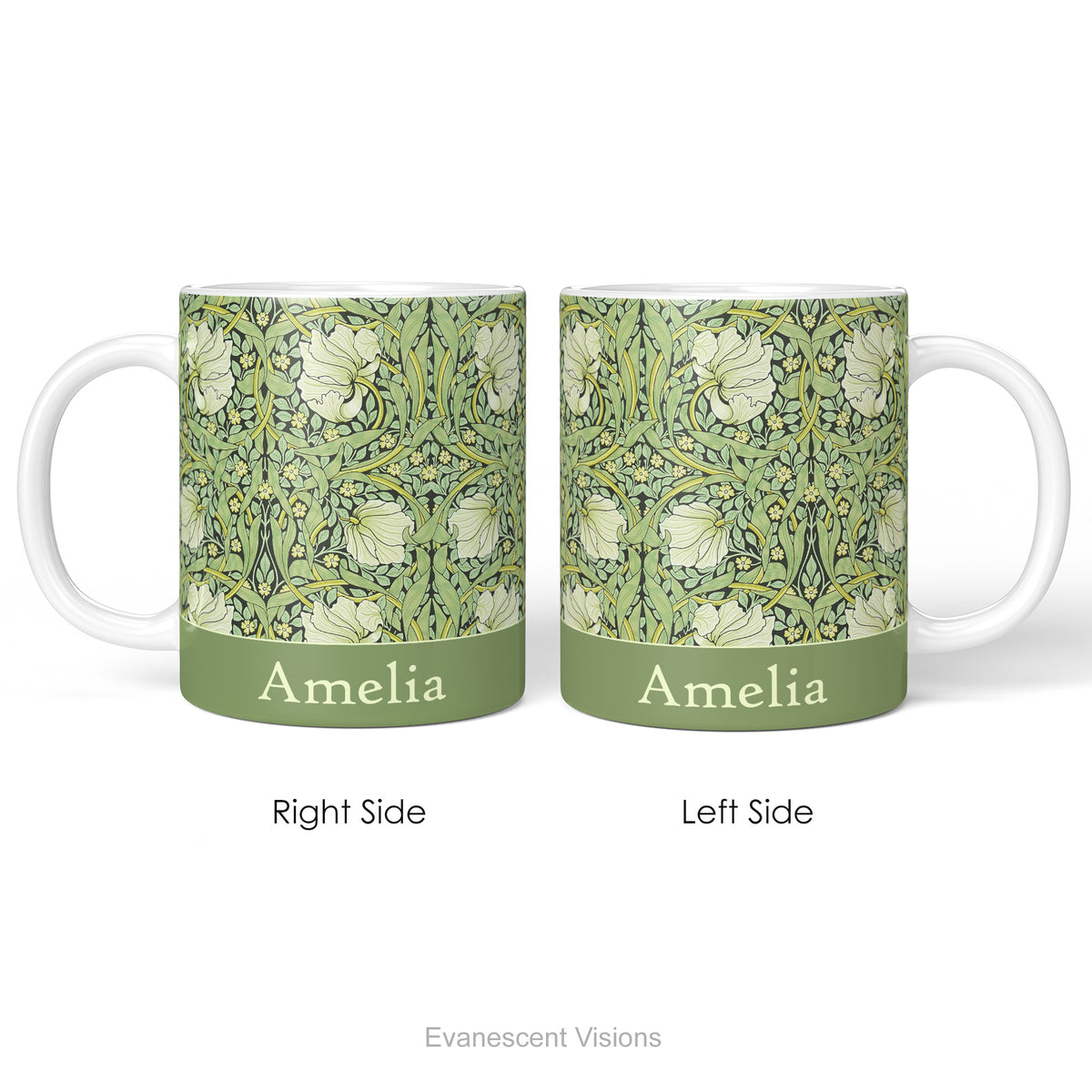 Left and right side views of the Pimpernel personalised ceramic mug
