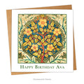 Square card and envelope with 'Rose Wreath' design from William Morris. Words on front say 'Happy Birthday' with custom name.