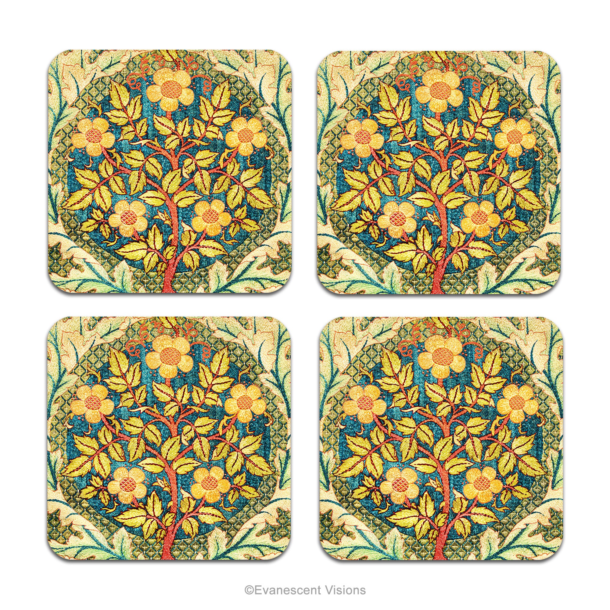 Set of 4 square coasters with William  Morris' Rose Wreath  tapestry design on the front, shown on a white background. 