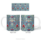 Left and right side views of a ceramic mug featuring a print of floral pattern 'Snakeshead' by William Morris.