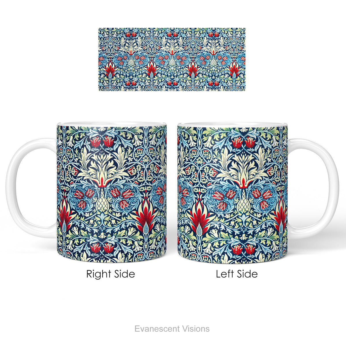 Left and right side views of a ceramic mug featuring a print of floral pattern 'Snakeshead' by William Morris.