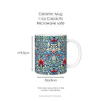 A  ceramic mug featuring a print of floral pattern 'Snakeshead' by William Morris, with mug dimension.