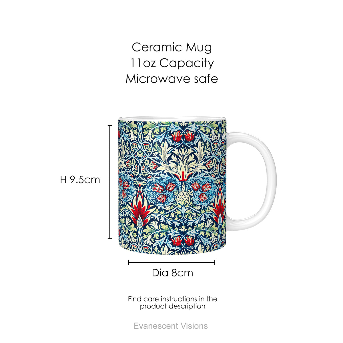 A  ceramic mug featuring a print of floral pattern 'Snakeshead' by William Morris, with mug dimension.