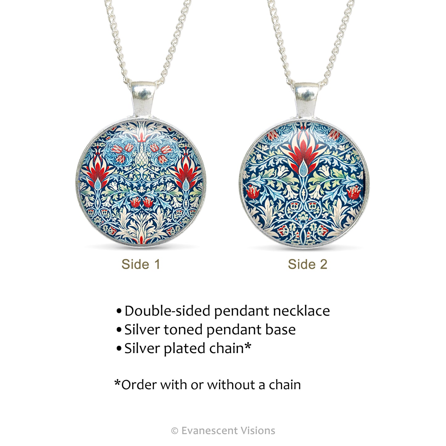 Product details for a double sided pendant necklaces with detail from artwork  'Snakeshead' by William Morris