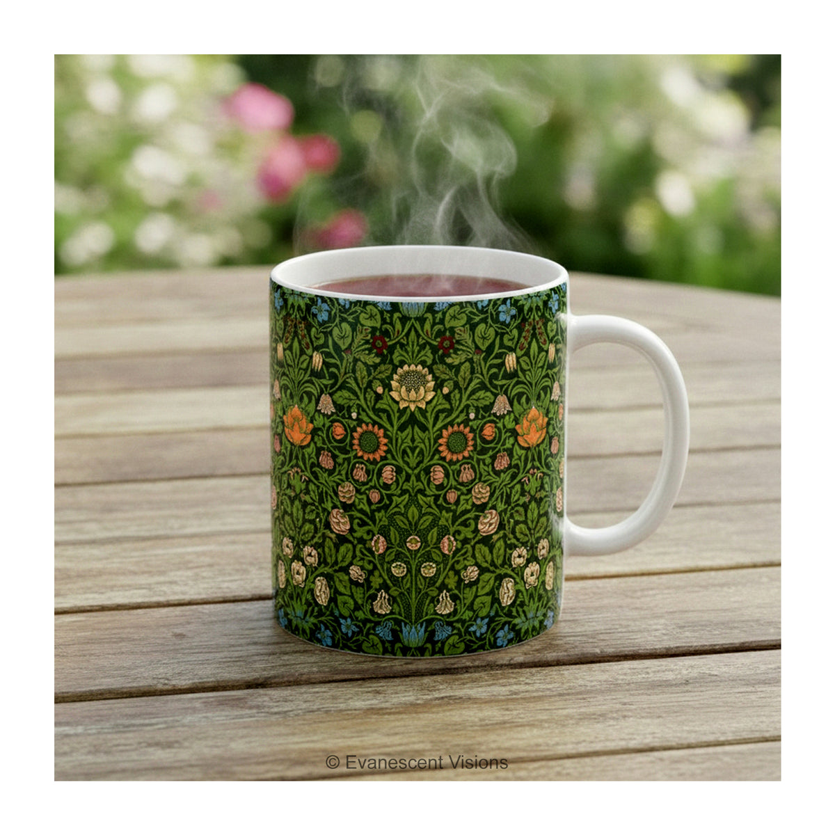 A ceramic mug with design 'violet and Columbine' by William Morris, styled on a table. 