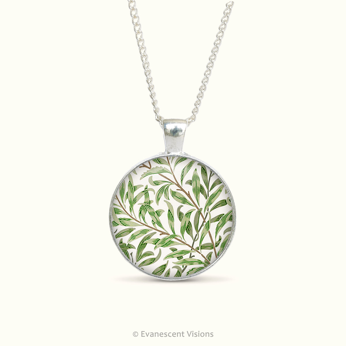 Cabochon pendant necklace with detail from the design  'Willow bough' by William Morris