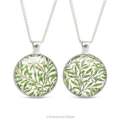 Front and back views of the double sided cabochon pendant necklace with detail from the design  'Willow bough' by William Morris