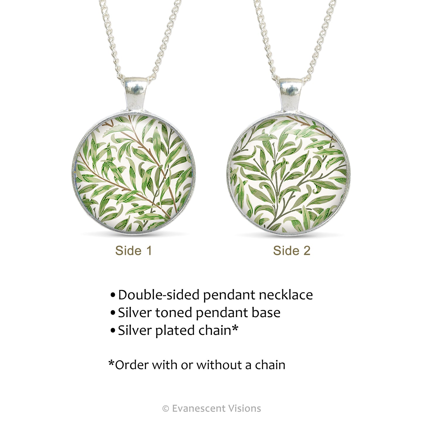 Product details for the double sided cabochon pendant necklace with detail from the design  'Willow bough' by William Morris