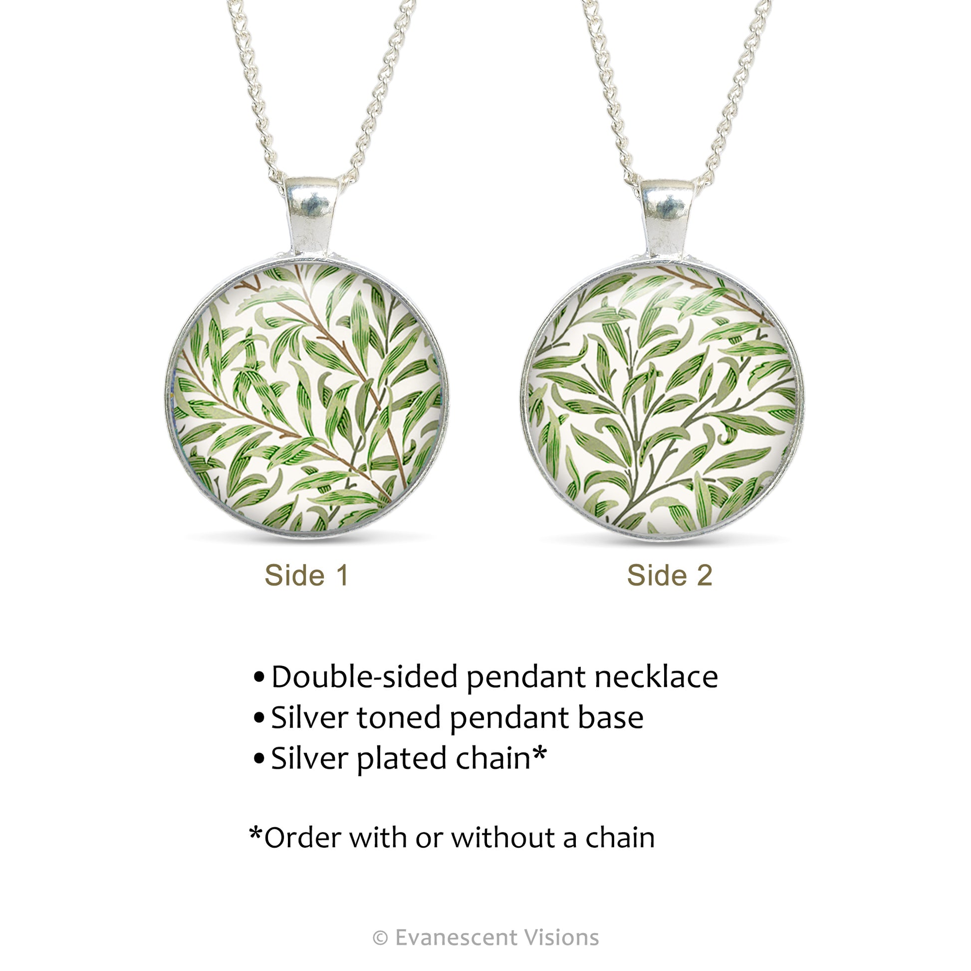 Product details for the double sided cabochon pendant necklace with detail from the design  'Willow bough' by William Morris