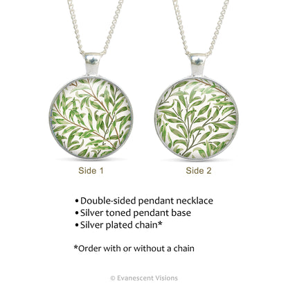 Product details for the double sided cabochon pendant necklace with detail from the design  'Willow bough' by William Morris