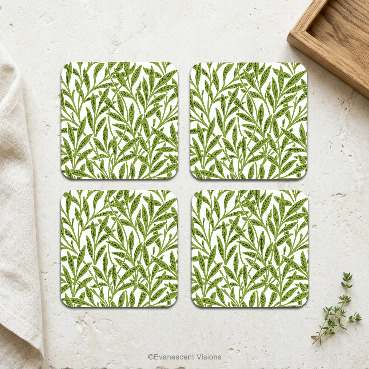 'Willow' botanical coasters on a stone surface. 