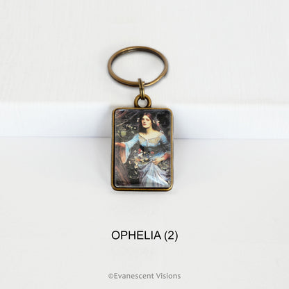 Pre-Raphaelite art keyring with artwork 'Ophelia' by John William Waterhouse, on a white background