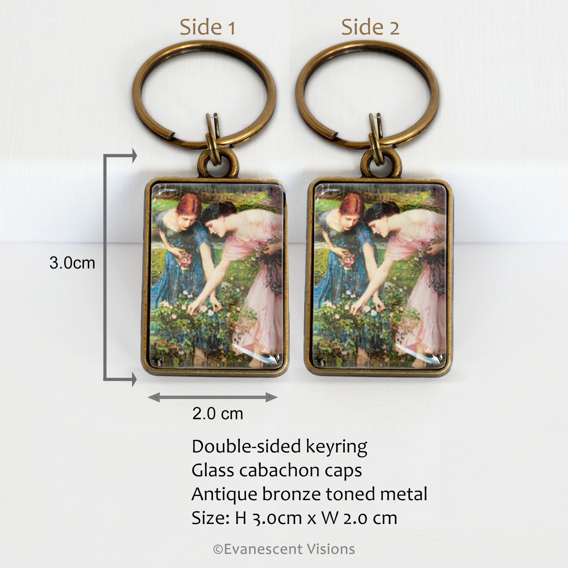 Double-sided keyring with artistic design, showing measurements and product details.