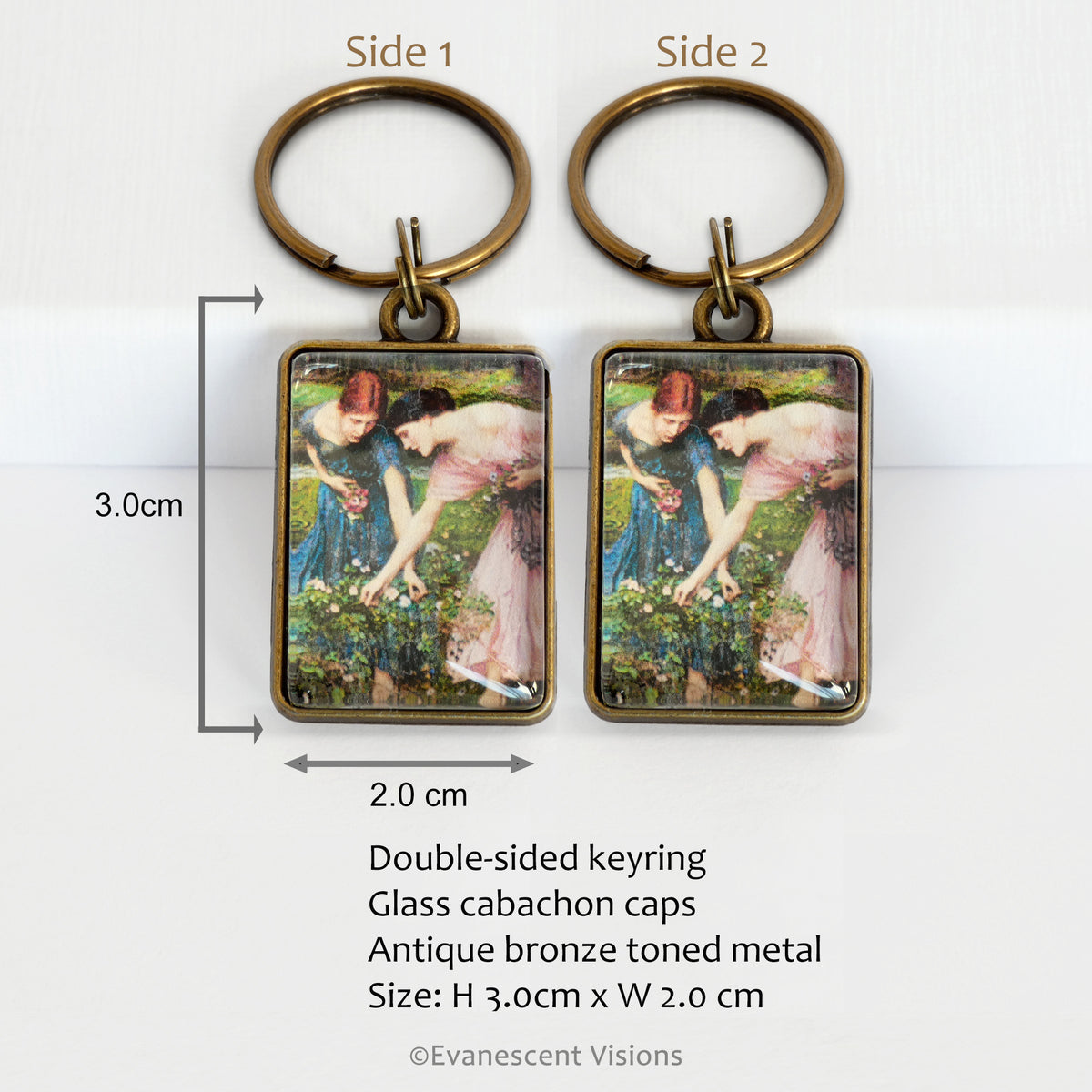 Double-sided keyring with artistic design, showing measurements and product details.