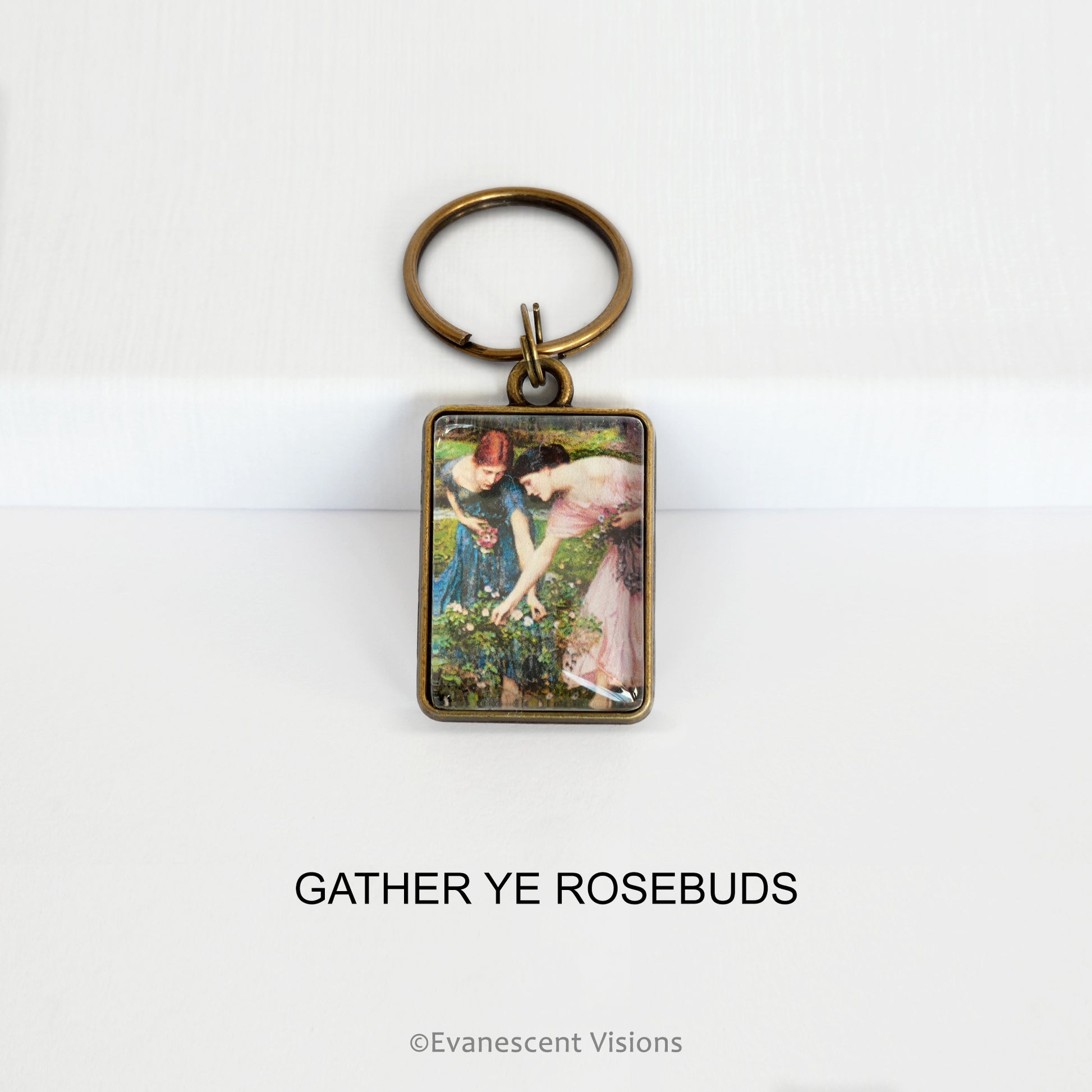  Pre-Raphaelite art keyring with artwork 'Gather Ye Rosebuds' by John William Waterhouse, on a white background
