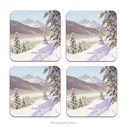 Set of 4 coasters decorated with a landscape of snowy mountains and snow-laden fir trees