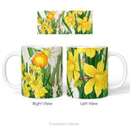 Left and right side views of a ceramic mug with a print of painting of 'Spring Daffodil Flowers'