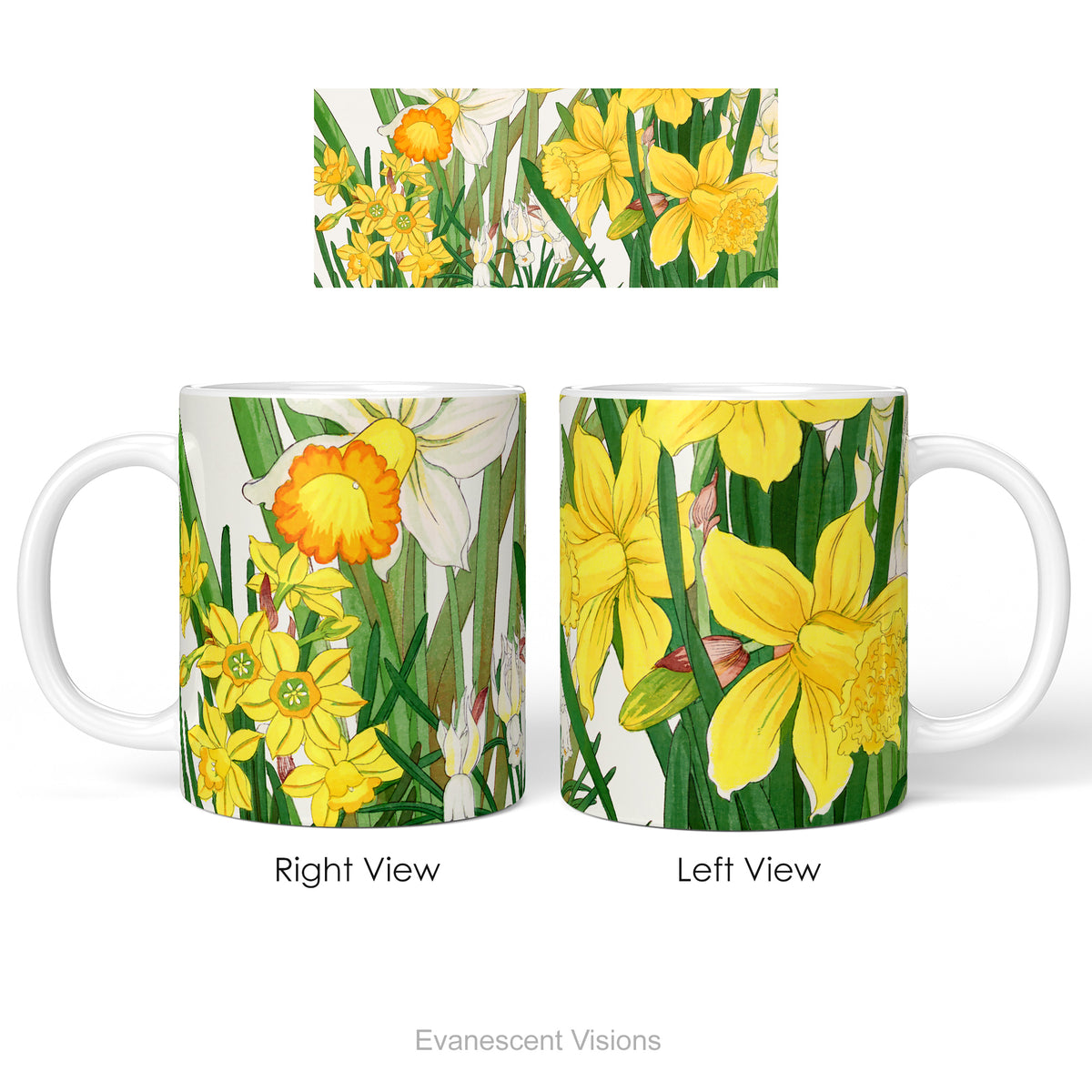 Left and right side views of a ceramic mug with a print of painting of 'Spring Daffodil Flowers'
