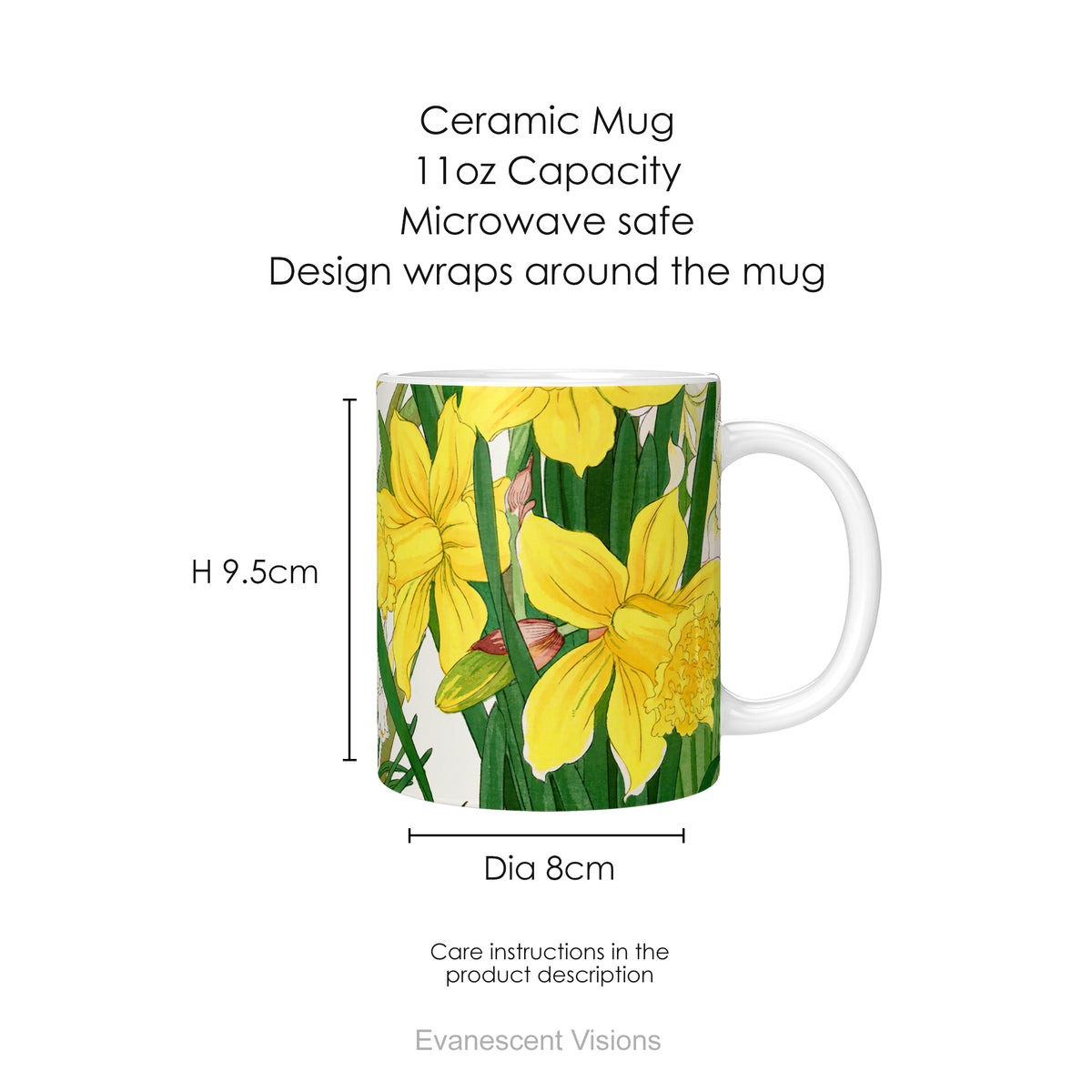 A ceramic mug with a print of painting of 'Spring Daffodil Flowers', showing mug dimensions