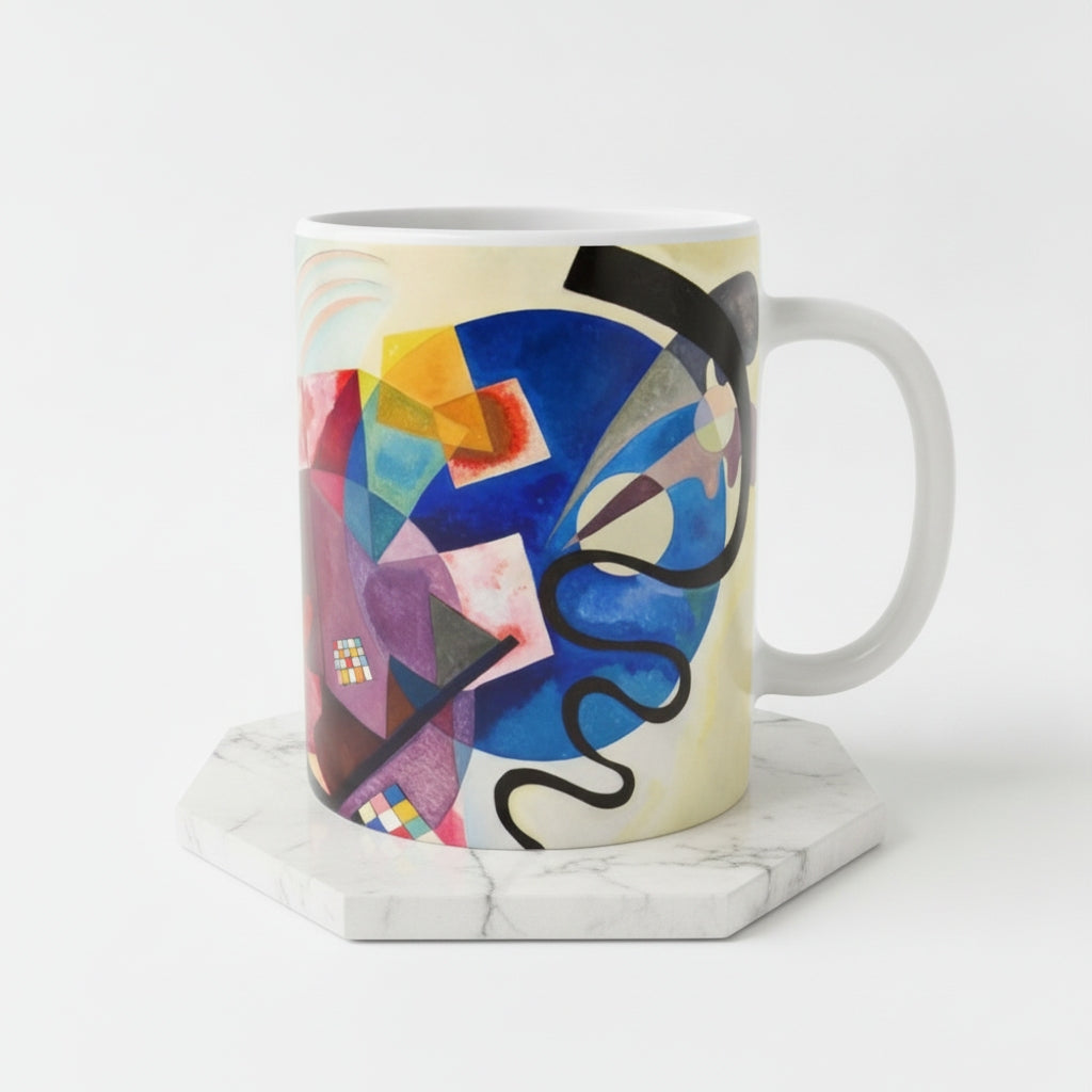 A white ceramic mug featuring an abstract geometric artwork 'Jaune Rouge Bleu' by Wassily Kandinsky.