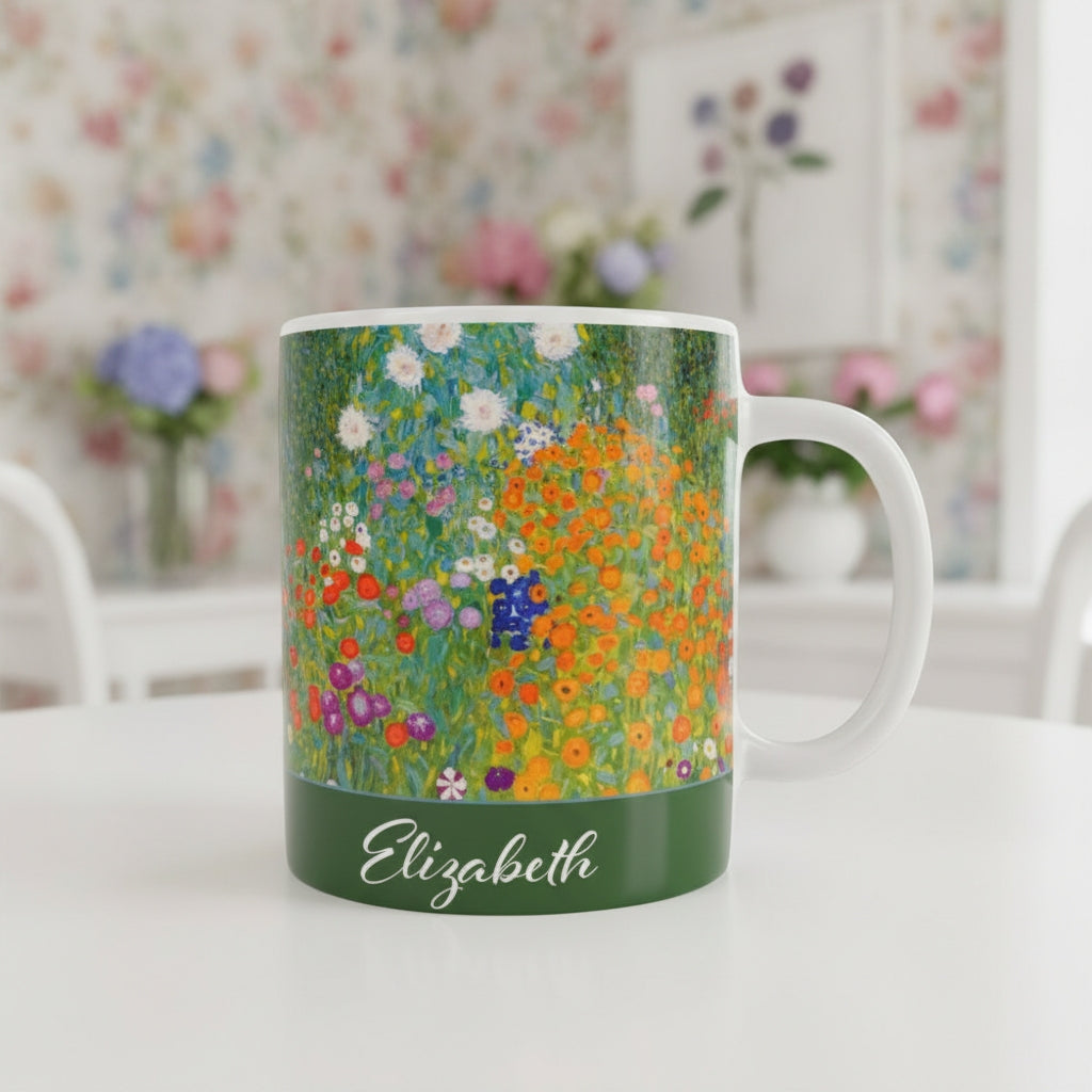 Bauerngarten ceramic mug on a white table in a floral decor room. 