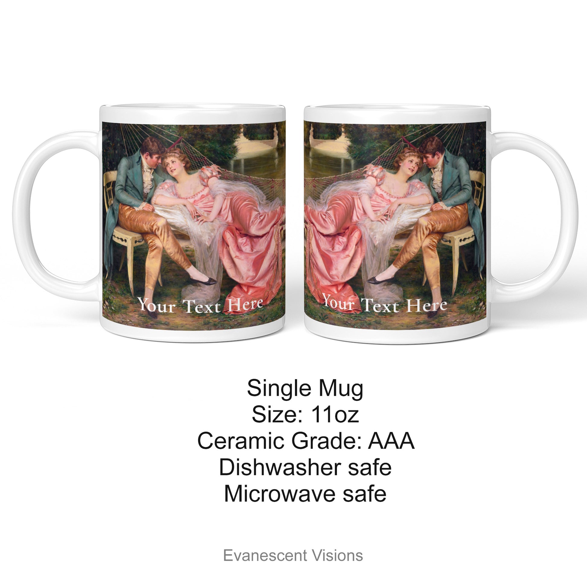 Personalised ceramic mug decorated with detail from painting 'During Day's Last Golden Rays' (aka 'The Flirtation') by Frédéric Soulacroix (1858-1933) shown on both sides plus product details