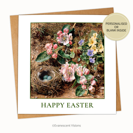 Happy Easter Card and envelope with design, 'Birds Nest, Apple Blossom and Primroses' by William Henry Hunt. Sticker says 'personalised or blank inside.'