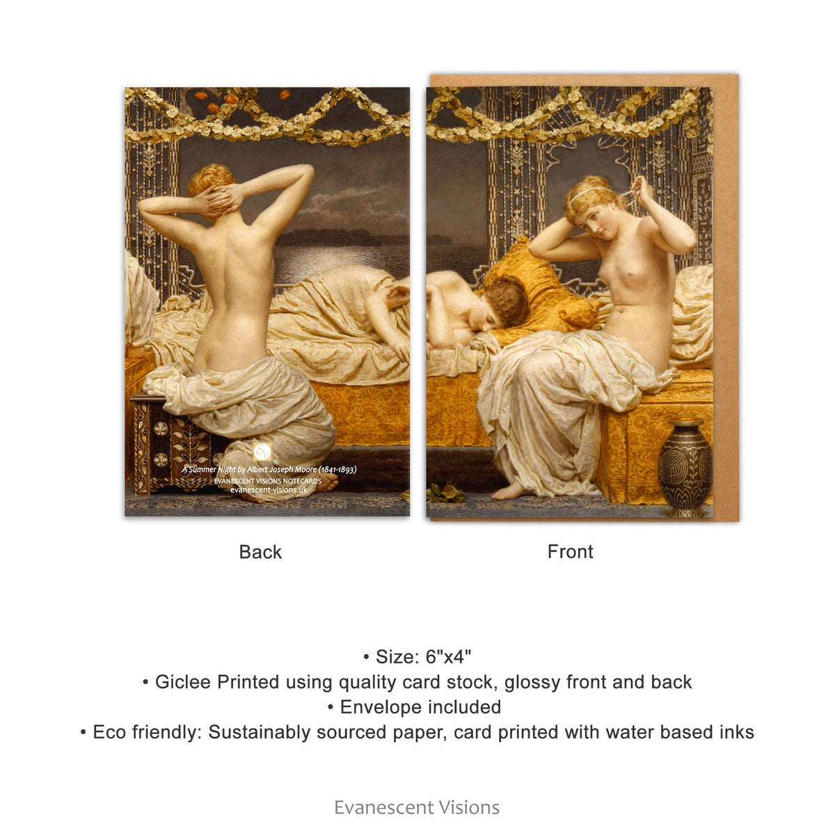 Front and back view of the A Summer Night Notecard, with product details 
