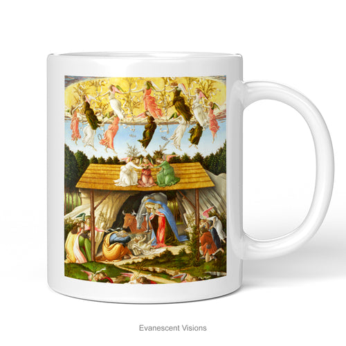 A white ceramic mug with a print of the nativity scene painting 'Mystic Nativity' by Sandro Botticelli, shown on a plain white background. 