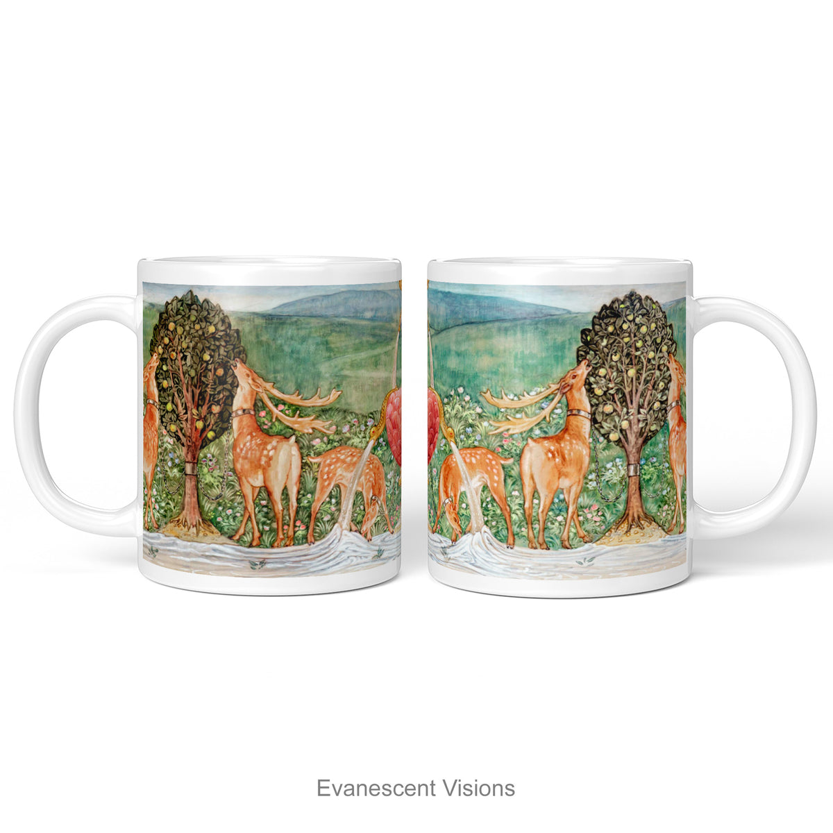 A white ceramic mug with Pre-Raphaelite painting 'Deer by a Fountain'   by Edward Burne-Jones, shown on a plain white background. 