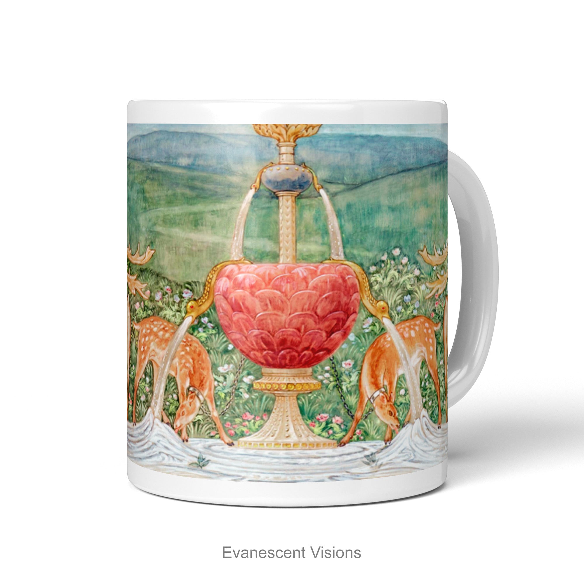 Front view of a white ceramic mug with Pre-Raphaelite painting 'Deer by a Fountain'   by Edward Burne-Jones, shown on a plain white background. 