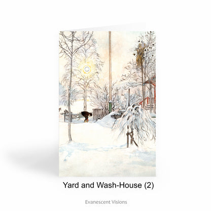 Snowy landscape and Winter or Christmas Art Card with Painting Yard and Wash House by Carl Larsson.