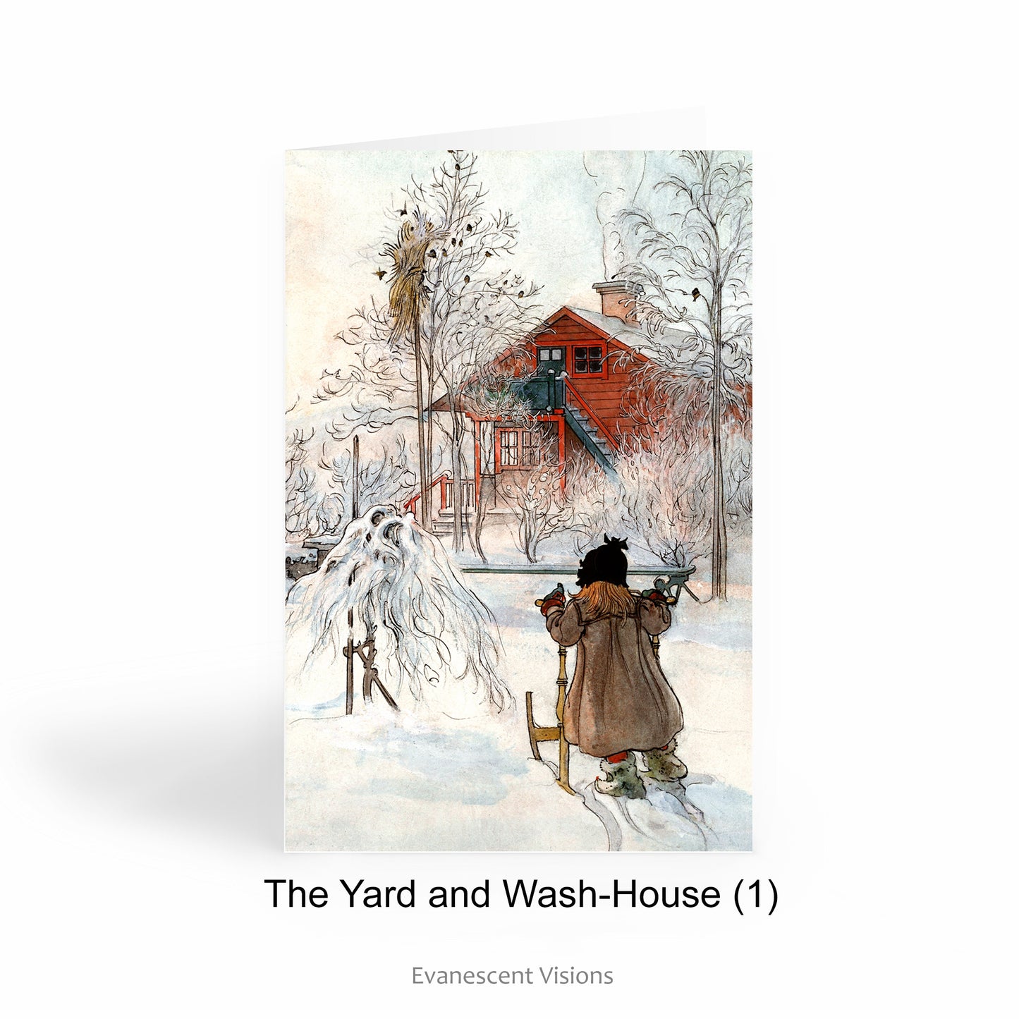 Snowy landscape and Winter or Christmas Art Card with Painting Yard and Wash House by Carl Larsson.