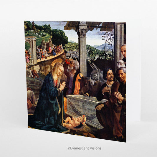 Adoration of the Shepherds Renaissance art Nativity Christmas Card shown standing on a desk