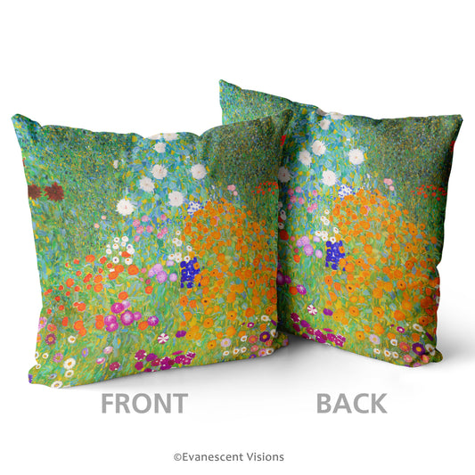 front and back of the Klimt Bauergarten Floral Art Cushion