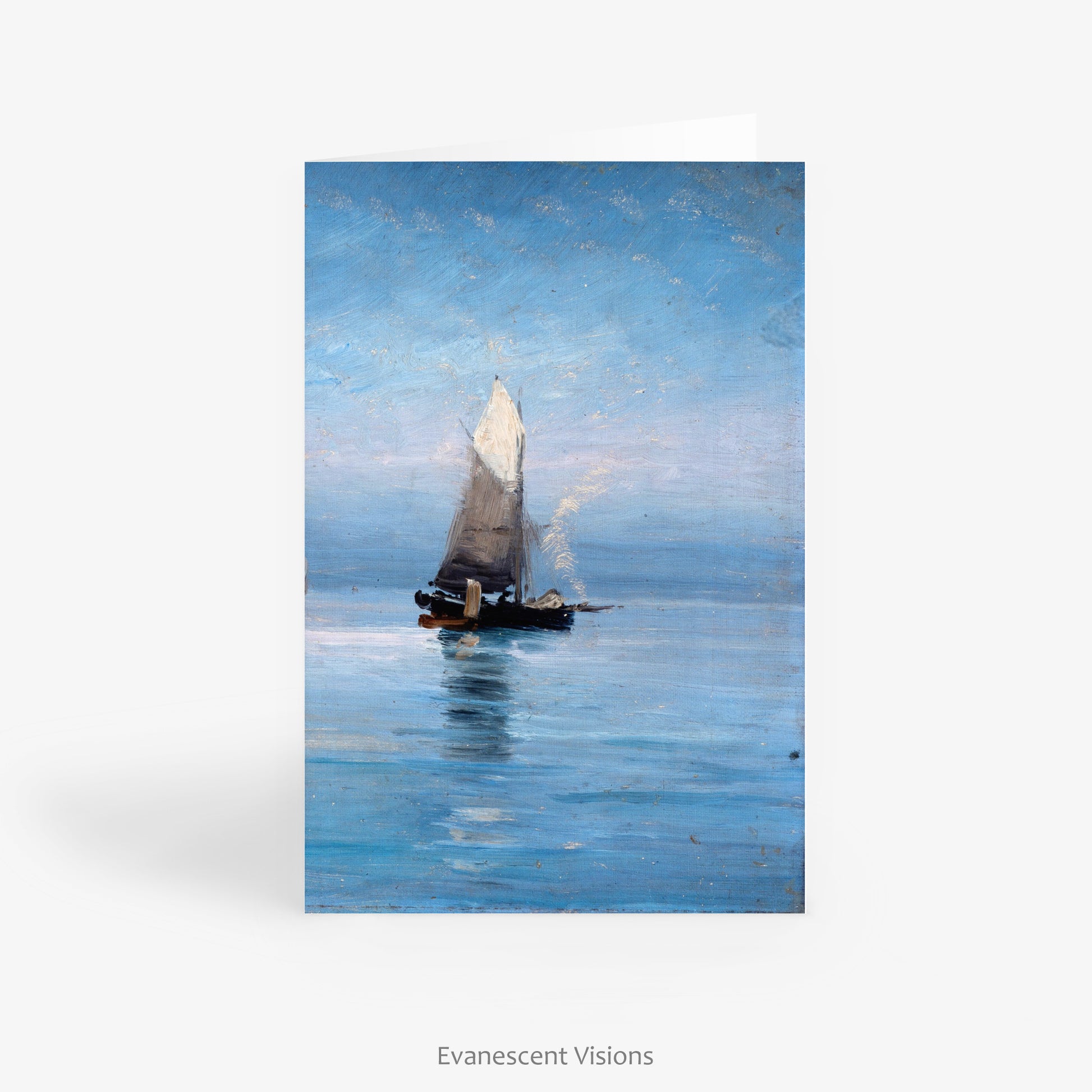 Front of the Fishing Cutters in the Moonlit Night Art Notecard standing on a table 