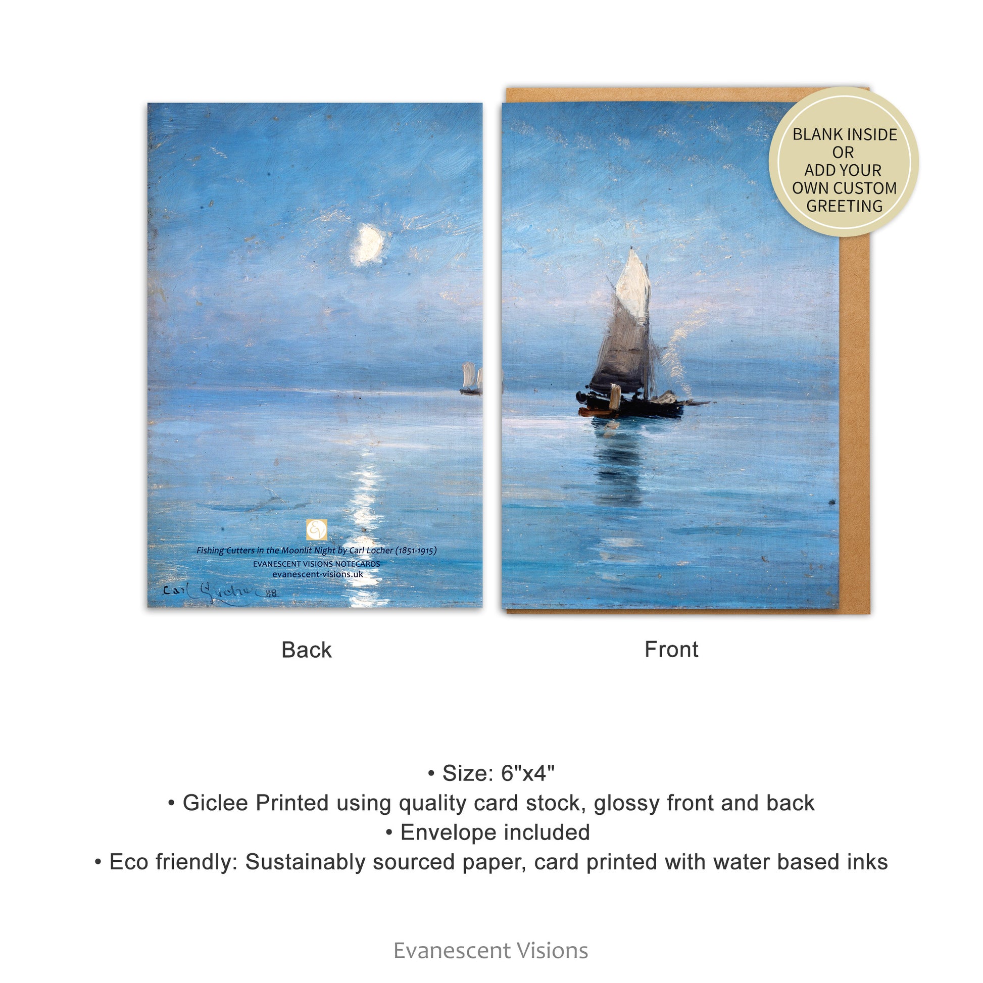 Front and back views and product details of the Fishing Cutters in the Moonlit Night Art Notecards 