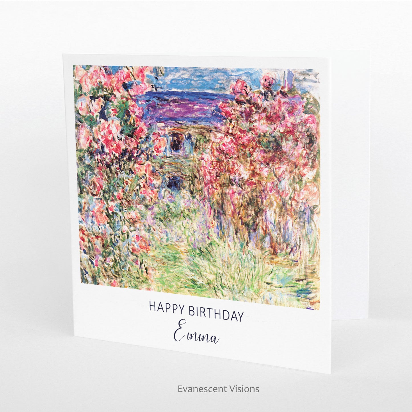 Monet's  The House Among the Roses Personalised Birthday Card standing up