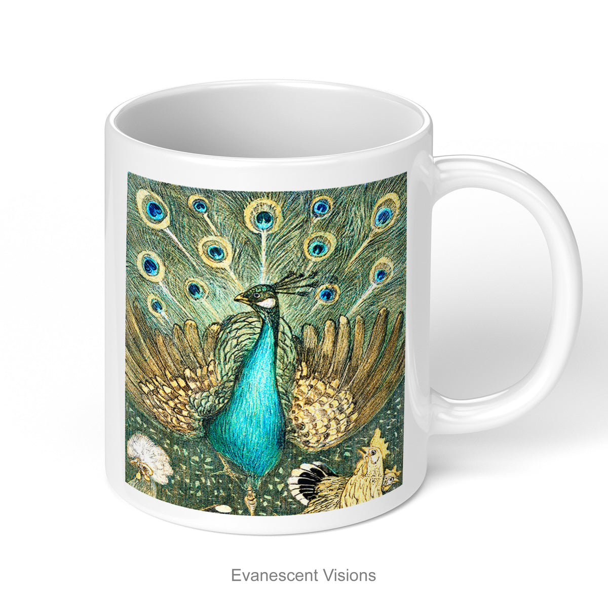 A white ceramic mug with close up view of a peacock with extended feathers, from a vintage design by artist Theorodra Van  Hoytema, shown on a white background.