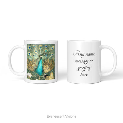 11oz glossy personalisable mug with Hoytema vintage style peacock arwork