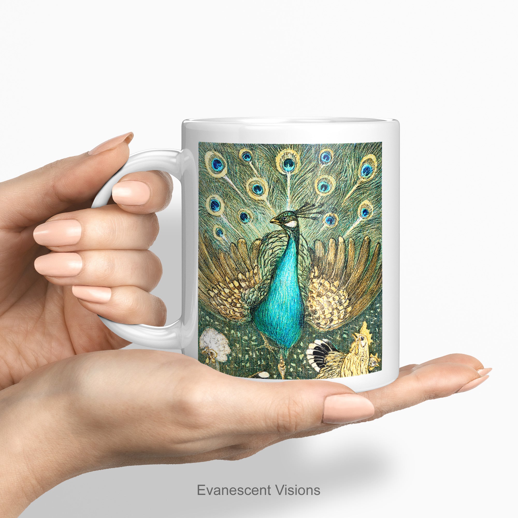 Hands holding a white ceramic mug with close up view of a peacock with extended feathers, from a vintage design by artist Theorodra Van  Hoytema.