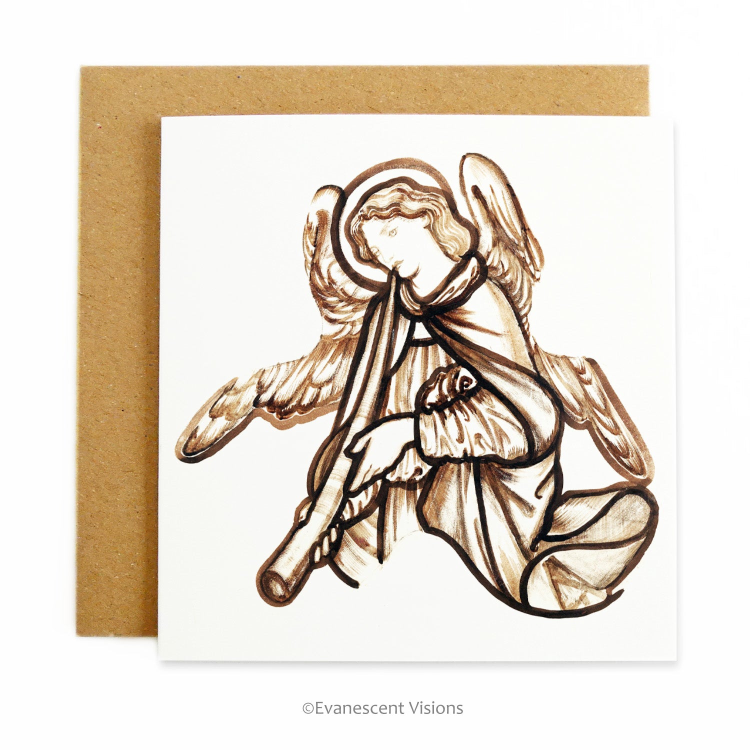 Vintage angel with horn art christmas card with envelope