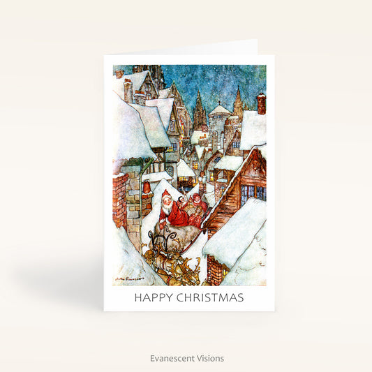 front view of the Arthur Rackham Night before christmas Santa Claus Christmas Card standing on a table